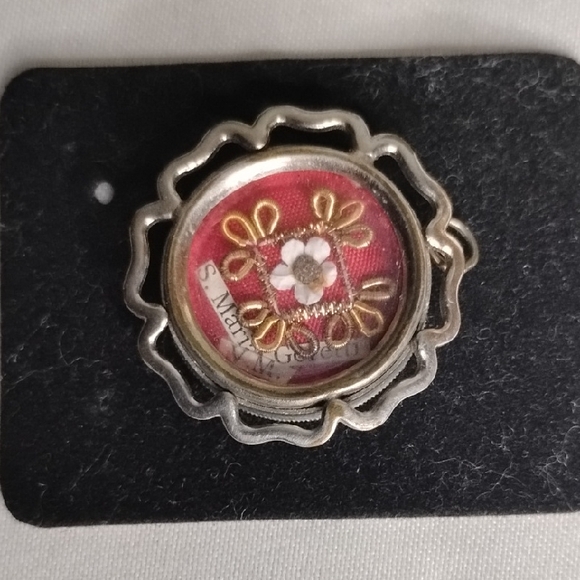 vintage Jewelry - Silver  Plate and Red Floral Pendant